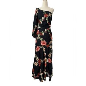 Farm Rio Black Floral One Shoulder Midi Dress